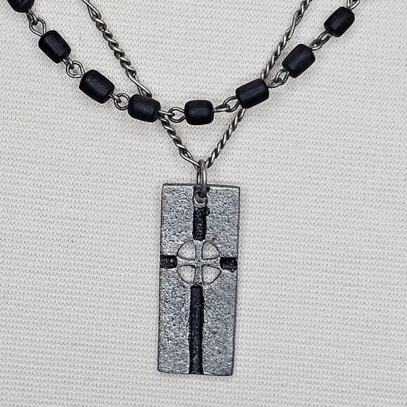 Cross Necklace Unisex Double Layer Metal Tag Black Silvertone 20 in long AERO - Picture 2 of 9